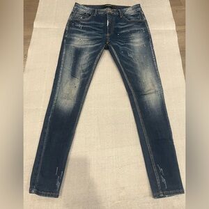 [W32Inseam30]Alessandro Zavetti Stylish Blue Distressed Splashed Slim Jeans